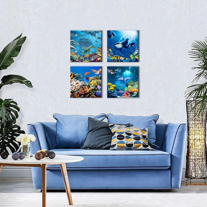 Blue Ocean Aquatic Animals Wall Art Sea Turtle Canvas Pictures Undersea Coral Dolphin Whale Fish Artwork for Bathroom Nautical Painting Nursery Kids Bedroom Living Room Home Decoration 20x20” 4 Pcs
