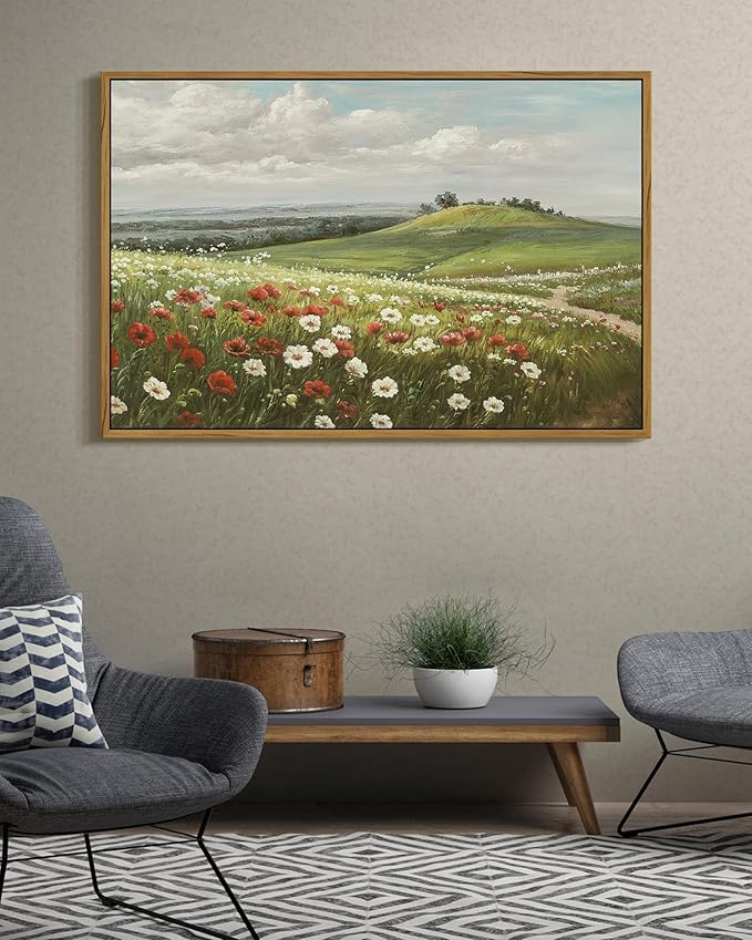 SHENIFY Vintage Landscape Framed Wall Art Meadow with Flowers Scenery Farmhouse Decor Rustic Retro Grassland Floral Field Painting for Hallway Living Room Bedroom - 24x36in Natural Framed