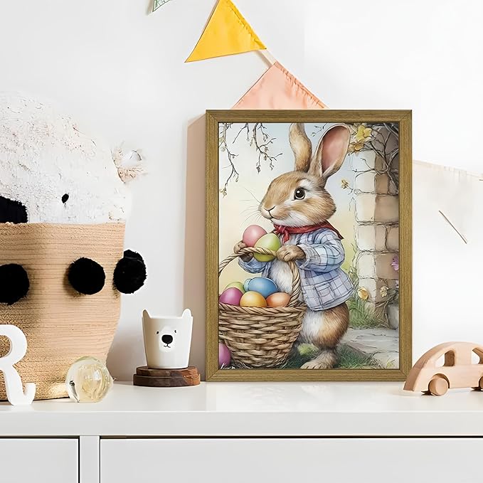 Framed Easter Bunny Wall Art, Cute Rabbit Easter Eggs Canvas Print Paintings, Vintage Holiday Decor Oil Painting, Rustic Farmhouse Spring Animal Wall Decor for Living Room Bedroom Nursery 12x16 Inch