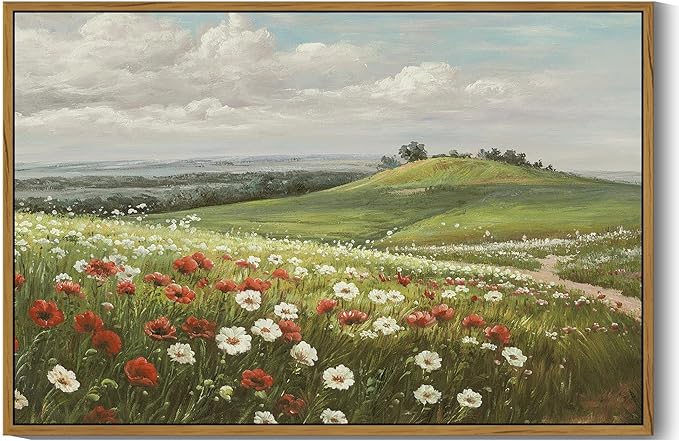 SHENIFY Vintage Landscape Framed Wall Art Meadow with Flowers Scenery Farmhouse Decor Rustic Retro Grassland Floral Field Painting for Hallway Living Room Bedroom - 24x36in Natural Framed