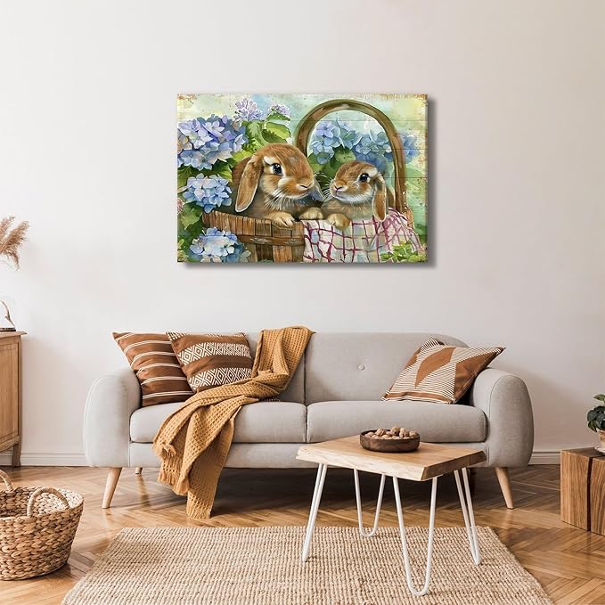 Rabbits Wall Art Easter Wall Decor Blue Flower in Basket Picture Canvas Prints Funny Bunny Poster Vintage Animals Painting Farmhouse Rustic Artwork Kitchen Bedroom Living Room Home Decoration 32x48"