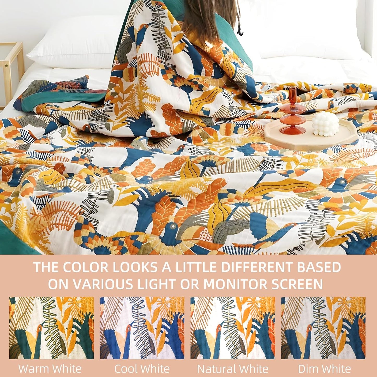 Boho Throw Blanket for Bed - 100% Pure Cotton Ultra Soft Rustic Quilt - Farmhouse Decor Bed Blankets, All Season Rustic Throw for Sofa Couch Chair(80''x 90'', Floral Bird)