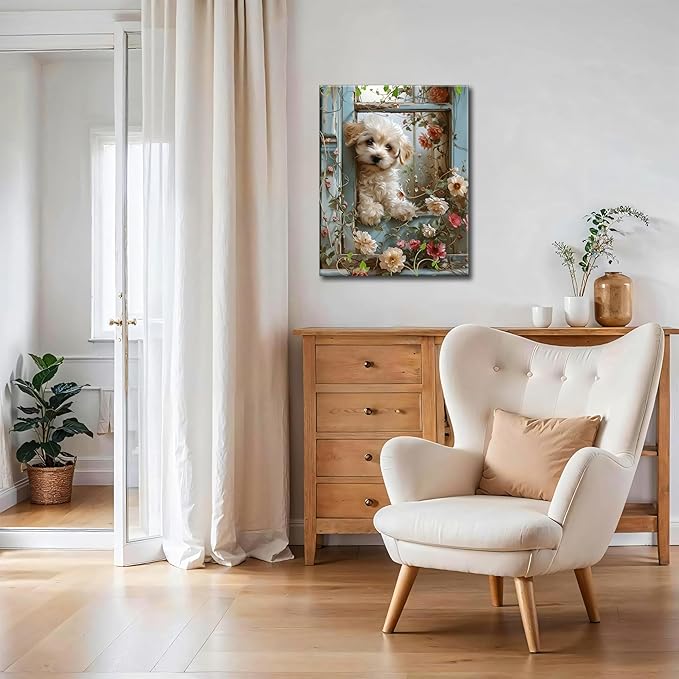 Framed Poodle Canvas Wall Art, Funny Teddy Dog Poster Print, Abstract Dog Standing Among Flowers Painting Wall Decor for Dormitory Restroom Bedroom Kids Room Decor 16x24 inch