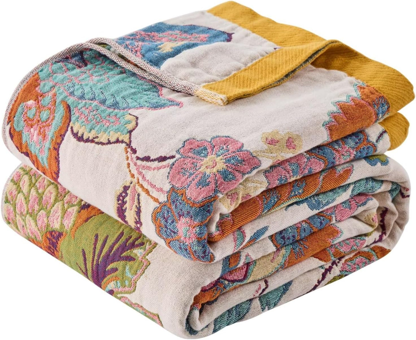 Boho Throw Blanket for Bed Couch 100% Cotton Woven Bed Throws for Summer, Lightweight and Soft Cozy Farmhouse Reversible Muslin Decorative Blanket for Travel Picnic, Teal/Cream, 80"x90"
