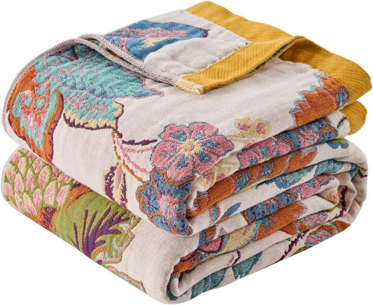 Boho Throw Blanket for Bed Couch 100% Cotton Woven Bed Throws for Summer, Lightweight and Soft Cozy Farmhouse Reversible Muslin Decorative Blanket for Travel Picnic, Teal/Cream, 80"x90"