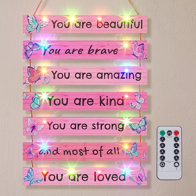 FIOBEE Girls Room Décor for Teen Girls Boys with LED Light Wall Decor for Bedroom Motivational Inspirational Wall Art Girl Room Decoration for Kids Studyroom, 8 Kinds of Lights, Pink Butterfly