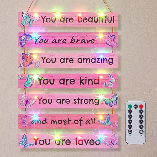 FIOBEE Girls Room Décor for Teen Girls Boys with LED Light Wall Decor for Bedroom Motivational Inspirational Wall Art Girl Room Decoration for Kids Studyroom, 8 Kinds of Lights, Pink Butterfly