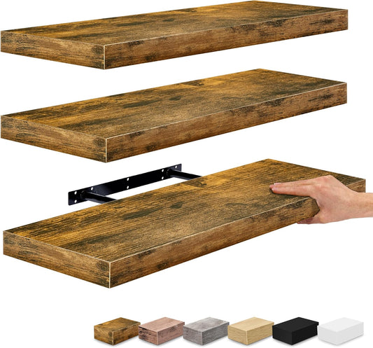Sorbus Floating Shelves for Wall - 24" Bathroom Shelves, Wall Decor for Bedroom, Kitchen, Living Room, Home Decor & Book storage - Mounted Floating Shelf with Invisible Brackets (Rustic Brown, 3 Pack)