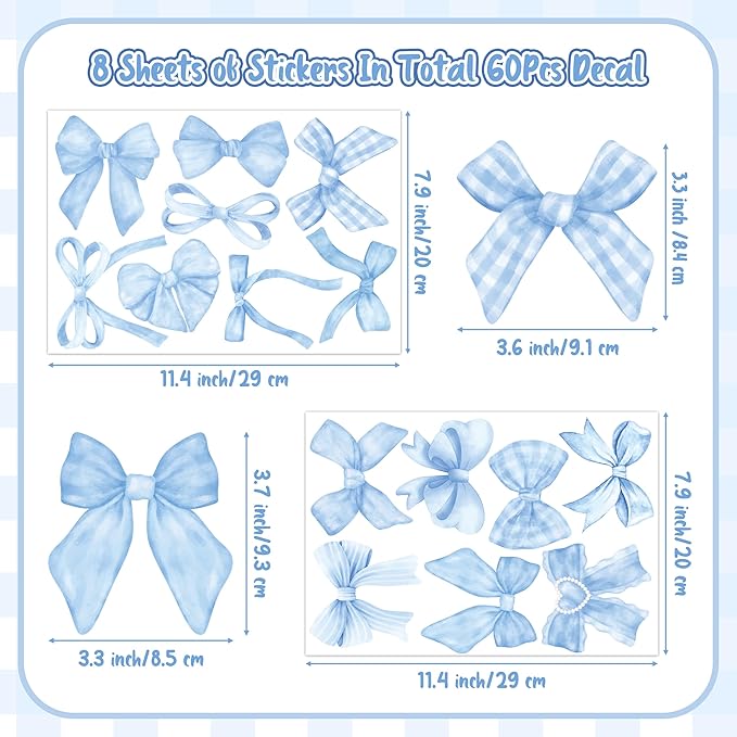 A1diee Blue Bow Wall Stickers - 60Pcs Trendy Light Blue Watercolor Coquette Aesthetic Wall Stickers Bow Knot Baby Room Decor Vinyl Decals Art Wallpaper for Boys Girls Bedroom Kindergarten Nursery