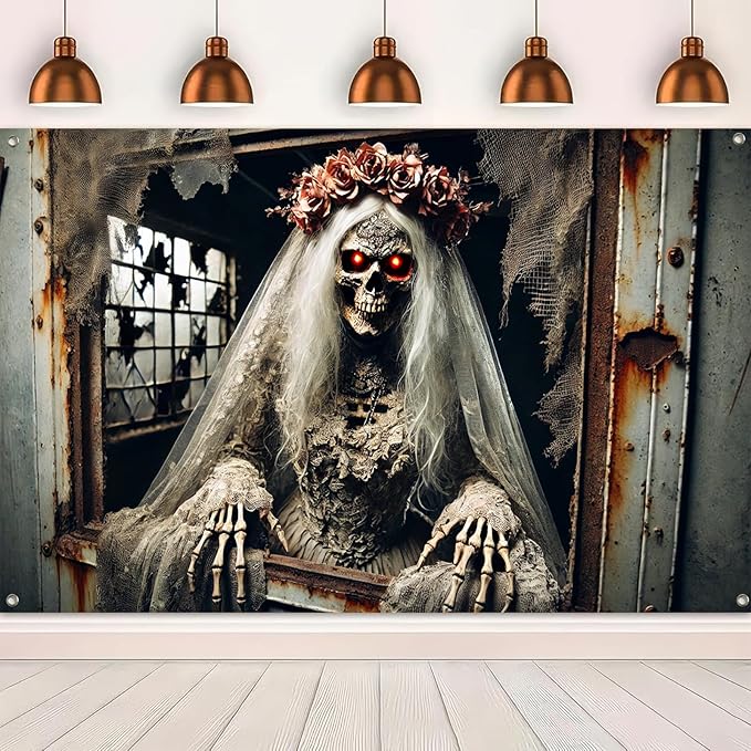 Halloween Skeleton Bride Backdrop 71x43 Inch Gothic Scary Wedding Banner Creepy Zombie Bride Wall Decor for Haunted House Horror Party Trick or Treat Indoor Outdoor Decoration
