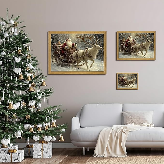 Wood Framed Vintage Santa Claus Sleigh Wall Art, Classic Christmas Reindeer Canvas Print Painting, Christmas Wall Decor Ornaments Picture for Living Room Bedroom Kitchen Xmas Home Decor 8x10 Inch