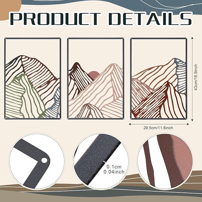 Peryiter 3 Pcs Metal Wall Art Decor Landscape Mountain Wall Hanging Decor for Living Room Abstract Minimalist Modern Mountain Line Pictures Bathroom Office Home Gifts Indoor(Colorful)