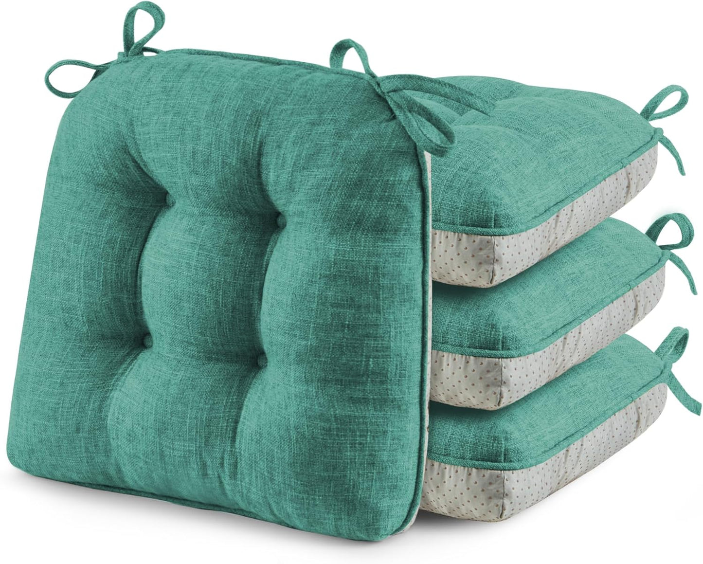 puredown® Chair Cushions for Dining Chairs, Tufted Memory Foam Chair Pads with Non-Slip Backing, Kitchen Seat Cushions with Ties, Washable Seat Pad Set of 4, 15.5" x 15.5" x 4", Green