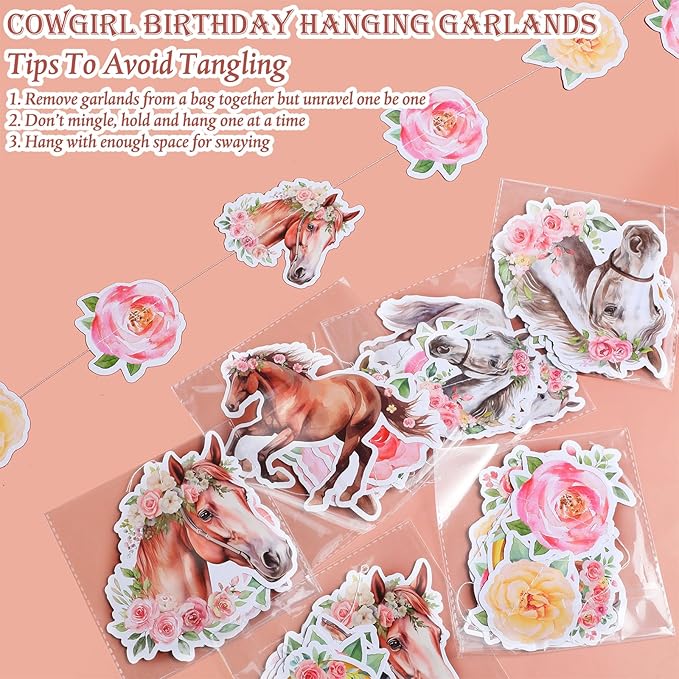8 Pcs Cowgirl Party Decorations Pink Girl Horse First Birthday Hanging Garlands Watercolor Floral Rose Western Horse Paper Cutouts Streamers for Wild West Cowgirl Baby Shower Party Supplies