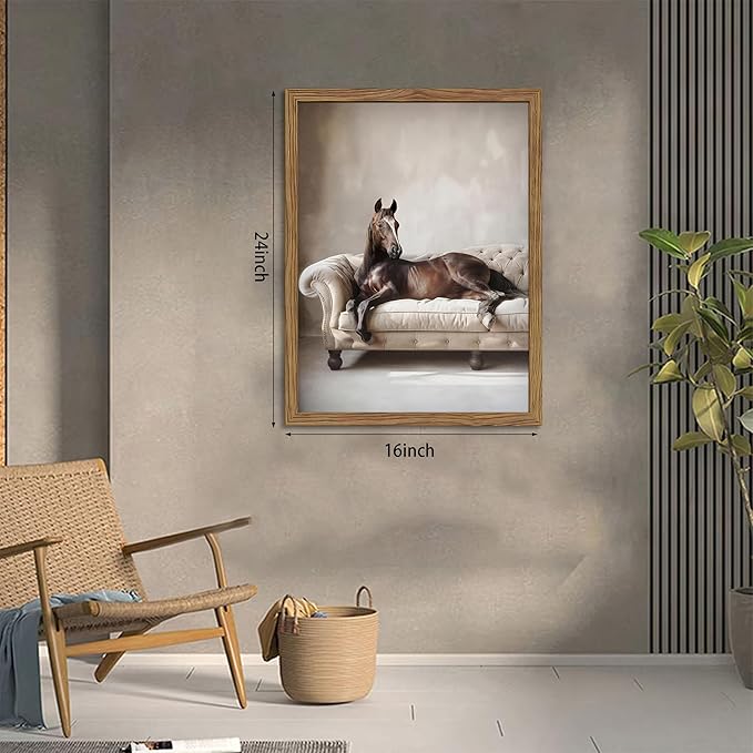 Framed Funny Horse Wall Art, Vintage Brown Horse Laying on Sofa Canvas, Modern Farmhouse Western Wall Decor, Grace Animal Pictures Prints for Living Room Bedroom Office Dorm 16x24 inch