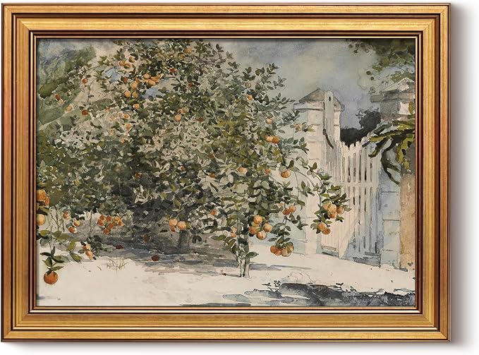 ARPEOTCY Gold Framed Canvas Wall Art, 12x16inch, Orange Trees Art Prints, Vintage Rustic Decor for Kitchen Bedroom Living Room Shelf, Retro Country Earthy Decor,Small