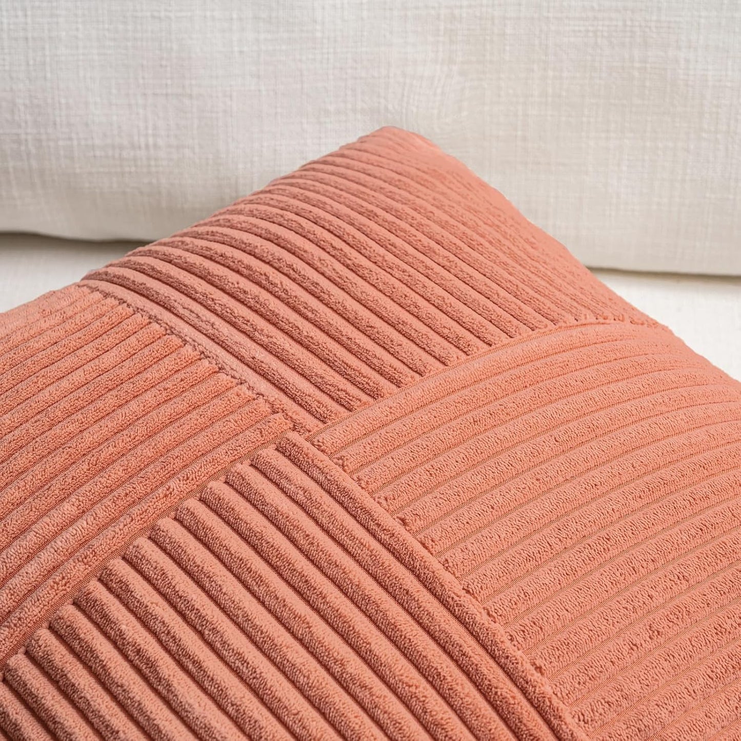 Fancy Homi 2 Packs Coral Decorative Throw Pillow Covers 18x18 Inch for Living Room Couch Bed, Rustic Farmhouse Boho Home Decor, Soft Corss Corduroy Patchwork Textured Peach Cushion Case 45x45 cm