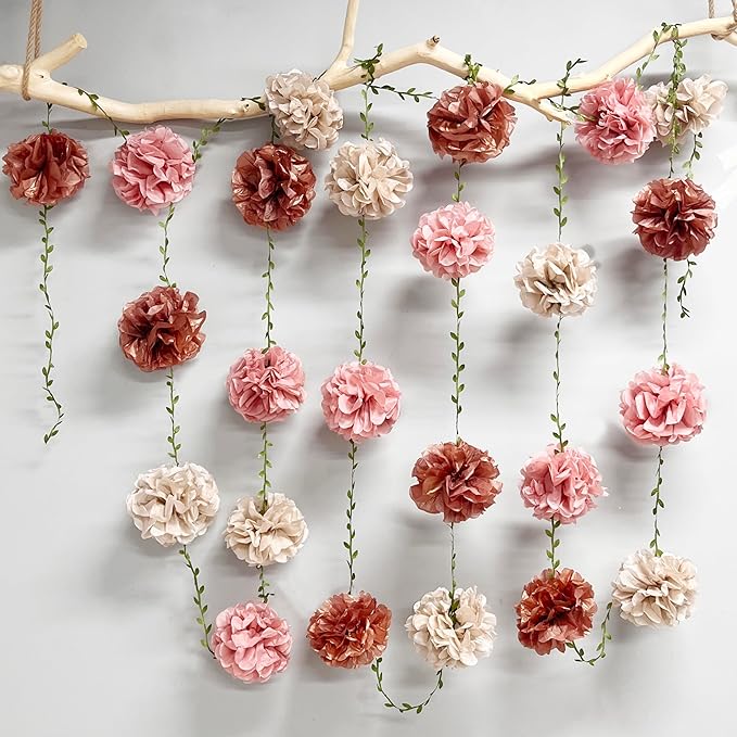 Dusty Pink Party Decorations Rose Gold Dusty Pink Beige Tissue Paper Flowers Pom Pom with Leaf Ribbon Hanging Garland Streamer for Birthday Baby Shower Wedding Bridal Shower Engagement Party Supplies