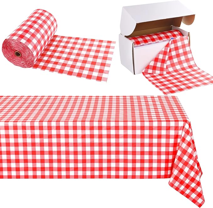 Kochorie 54 Inch x 500 Ft Red Checkered Plastic Table Cloth Roll Disposable Waterproof Table Cover Plastic Table Cover Roll with Easy Slide Cutter for Outdoor Picnic/Home Dining/Summer Party