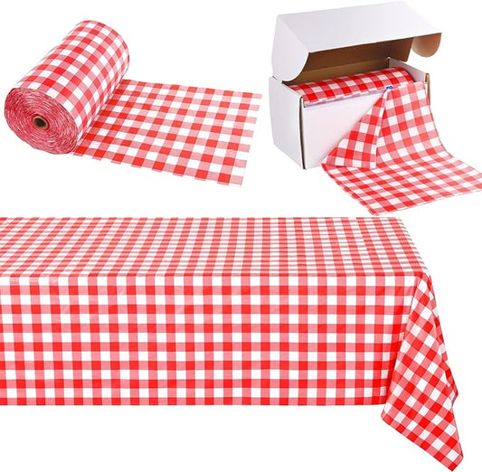Kochorie 54 Inch x 500 Ft Red Checkered Plastic Table Cloth Roll Disposable Waterproof Table Cover Plastic Table Cover Roll with Easy Slide Cutter for Outdoor Picnic/Home Dining/Summer Party