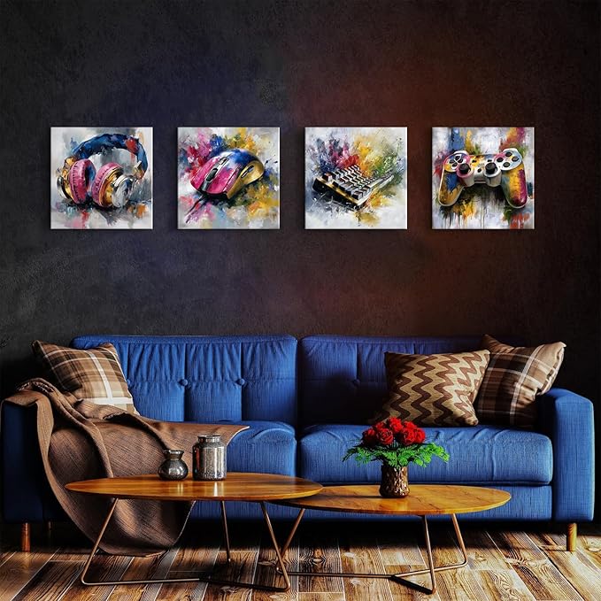 Gamer Canvas Wall Art Boys Gaming Wall Decor Colorful Abstract Gamer Decor for Teens Boy Bedroom Games Zone Theme Pictures Canvas Prints Cool Posters Video Game Painting Artwork Decorations 16x16”