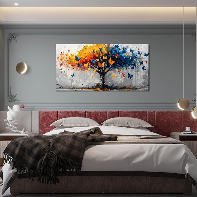 ANCXWOTER Large Tree of Life Wall Art for Living Room Bedroom Office Bathroom Butterfly Artwork Modern Canvas Prints Grey Blue and Yellow Picture Size 30x60