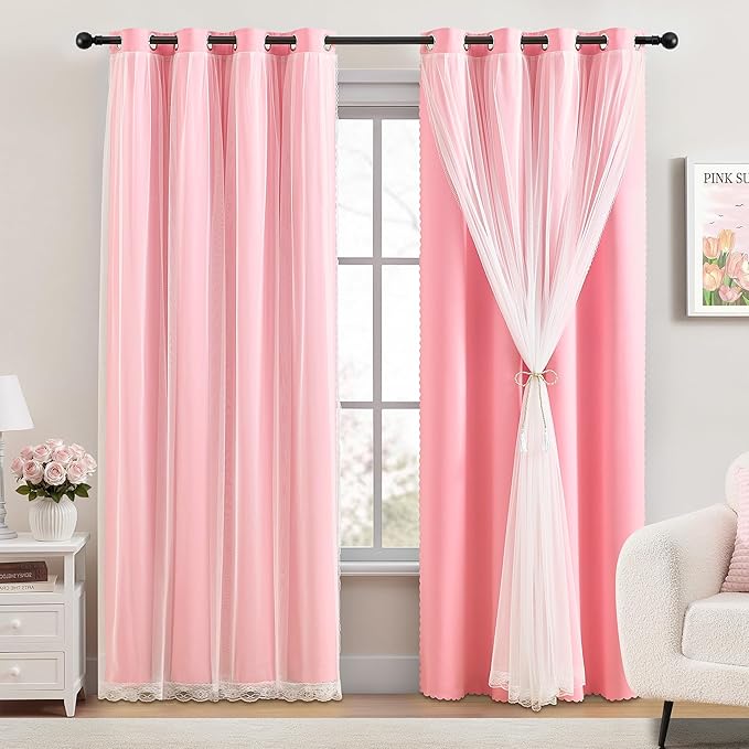 XiDi Pink Curtains Blackout 84 Inches Long for Girls Bedroom Living Room 2 Panels Grommet Thermal Insulated Double Layer Cute Girly Nursery Curtains with Sheer Overlay for Kids Princess W52XL84