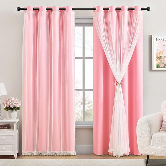 XiDi Full Blackout Pink Curtains with Sheer Overlay Double Layer Curtains for Nursery Girls Bedroom 84 Inches Long 2 Panels Kids Toddler Princess Room Decor Grommet Privacy Window Drapes W34 X L84