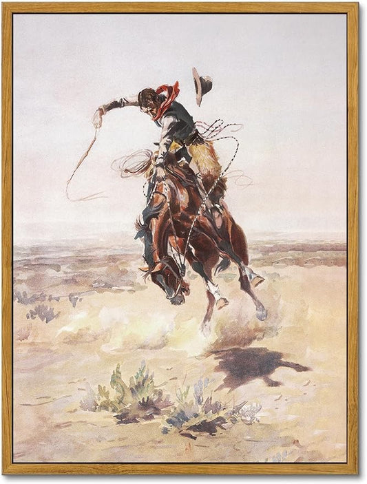 KBKBART Vintage Southwest Framed Canvas Wall Art, Western Art Prints Wall Decor, Western Cowboy Pictures Southwestern Artwork Prints Farmhouse Wall Decor for Western Bedroom Bathroom Decor (12"x16")
