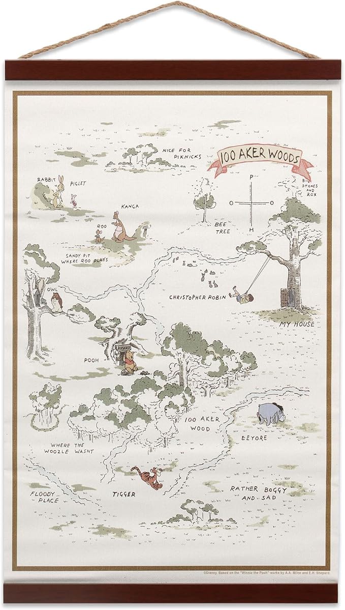 Open Road Brands Disney Winnie the Pooh Hundred Acre Wood Map Hanging Canvas Banner - Cute Pooh Wall Decor for Home