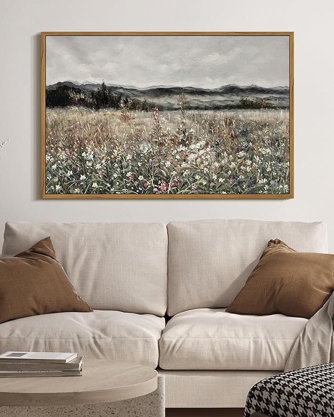 SHENIFY Vintage Landscape Framed Wall Art Meadow Flowers Farmhouse Decor Retro Classic Painting for Hallway Living Room Bedroom Dining Room - 16x24in Natural Framed