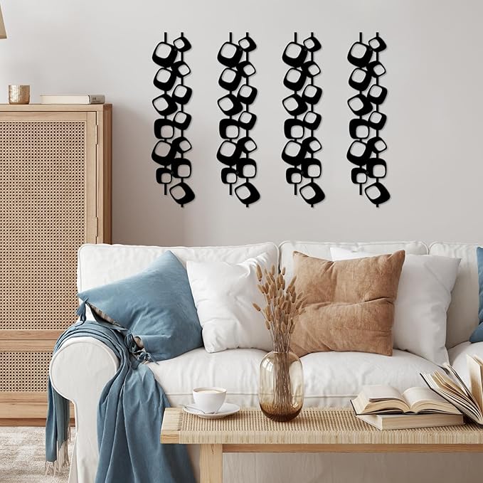 ruelen Mid Century Abstract Metal Wall Art Sculpture - Textured Geometric Decor, Set of 4, 2D Black Vertical and Elegant Design for Living Room, Bedroom, Office, Home (15.7x3.9in)