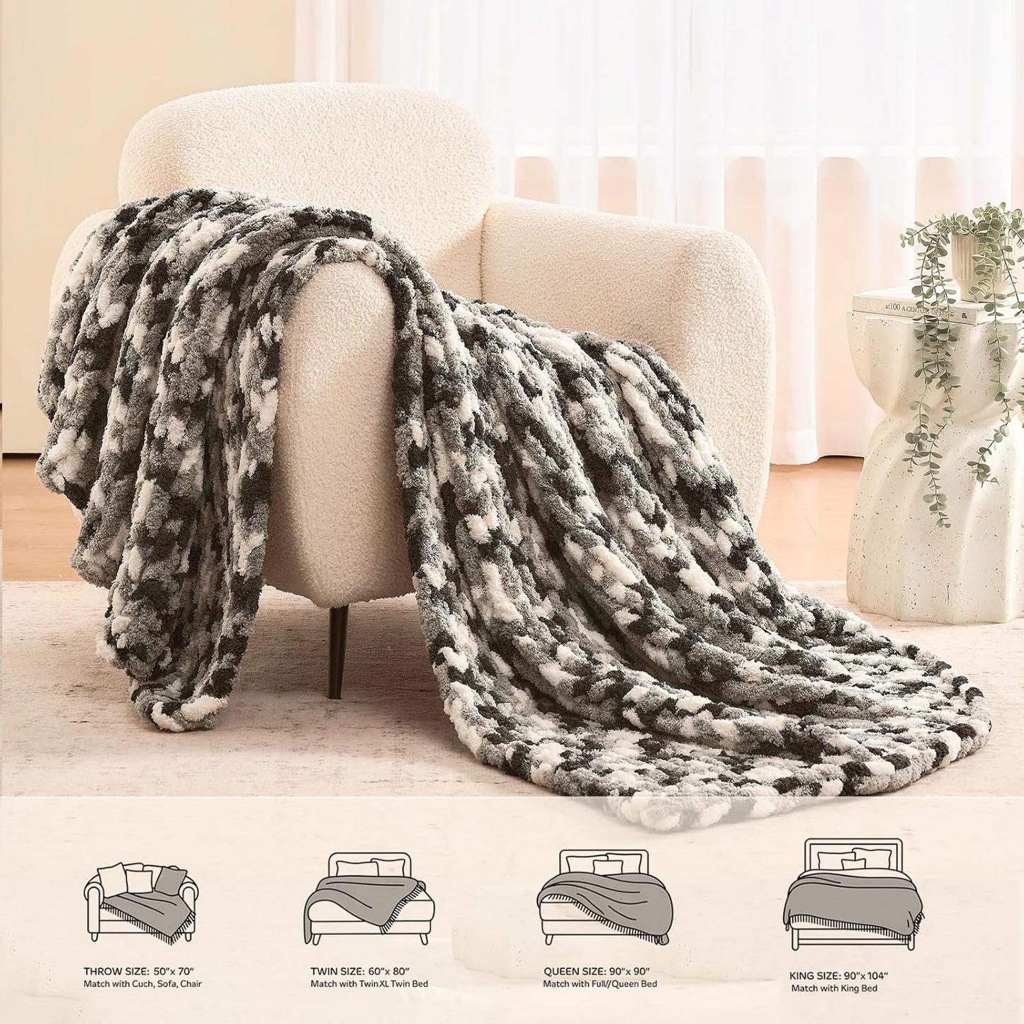 L'AGRATY Chunky Knit Blanket Throw: 50''x60'' Chenille Chunky Knitted Throw Blankets for Bed Couch - Handmade Thick Cable Knit Blanket - Large Crochet Rope Blankets for Home Decor