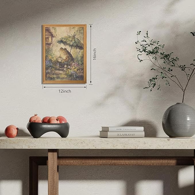 3D Textured Framed Vintage Frog Wall Art, Rustic Farmhouse Animal Wall Decor, Funny Frog with Umbrella Sandstone Painting, Whimsical Cottagecore Picture for Living Room Bedroom 12x16 Inch