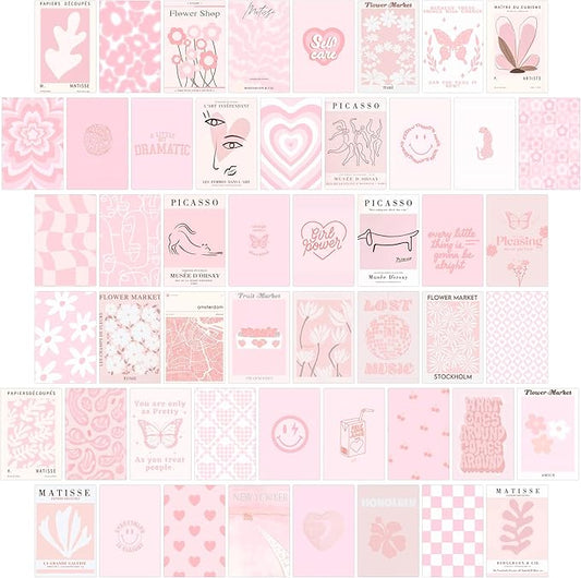 Pink Wall Collage Kit - Aesthetic Posters, Dorm Room Decor for Teen Girl (50pcs 4x6 inch)