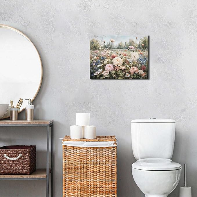 Vintage Flower Wall Art Pink Roses Wall Decor for Bathroom Farmhouse Landscape Canvas Prints Rustic Colorful Flower Pictures Wall Decor Wildflower Artwork Living Room Bedroom Home Decoration 12x16"