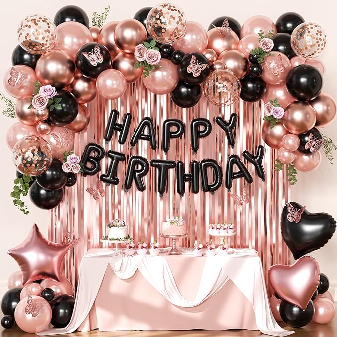 Rose Gold and Black Birthday Decorations for Women Girls, Pearl Metallic Rose Gold Black Foil Confetti Balloons Happy birthday Banner Gold Butterfly Fringe Curtains for Birthday Party Women Girls