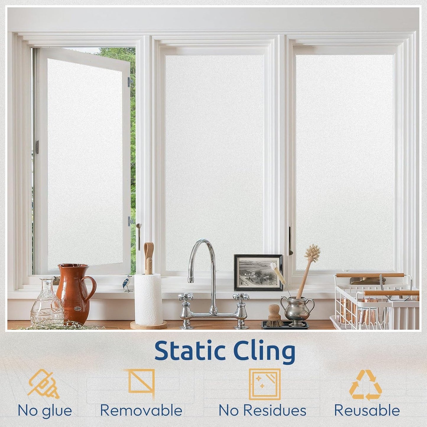 rabbitgoo Window Privacy Film, Non-Adhesive Frosted Glass Window Film for Bathroom, Static Cling Heat Blocking Stickers for Home Indoor Opaque Frosting Coverings House Tint, Matte White 11.8" x 157"