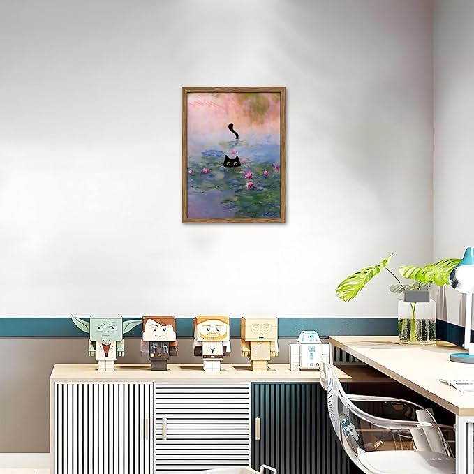 Vintage Framed Cat Canvas Wall Art Monet Print, Funny Black Cat in Water Lilies Poster, Monet Office Wall Decor, Floral Oil Painting Picture Artwork for Living Room Bathroom Aesthetic – 12x16 inch