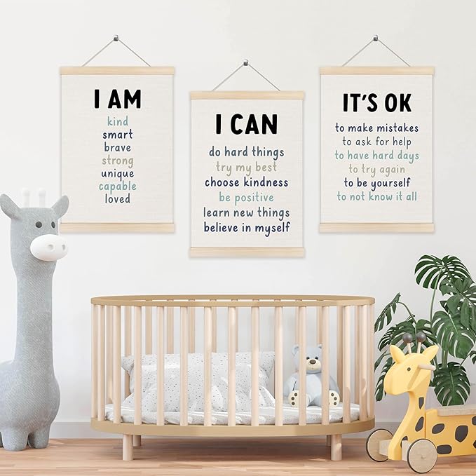 Koesus Inspirational Classroom Blue Wall Art Poster Hanger Frame 12x16 Inch Set of 3, Positive Affirmations for Kids, Motivational Canvas Pictures Prints Framed Wall Decor for Classroom Kids Room