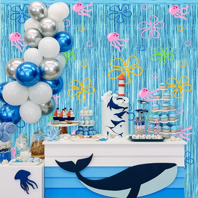4 Pack Cartoon Sponge Theme Party Decorations 3.2ft X 8.2ft Under the Sea Party Supplies Flowers Bubbles Jellyfish Foil Fringe Photo Backdrop Decor for Birthday Sponge Party Photo Props