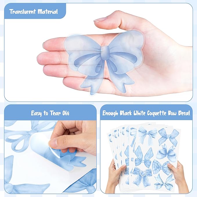 A1diee Blue Bow Wall Stickers - 60Pcs Trendy Light Blue Watercolor Coquette Aesthetic Wall Stickers Bow Knot Baby Room Decor Vinyl Decals Art Wallpaper for Boys Girls Bedroom Kindergarten Nursery