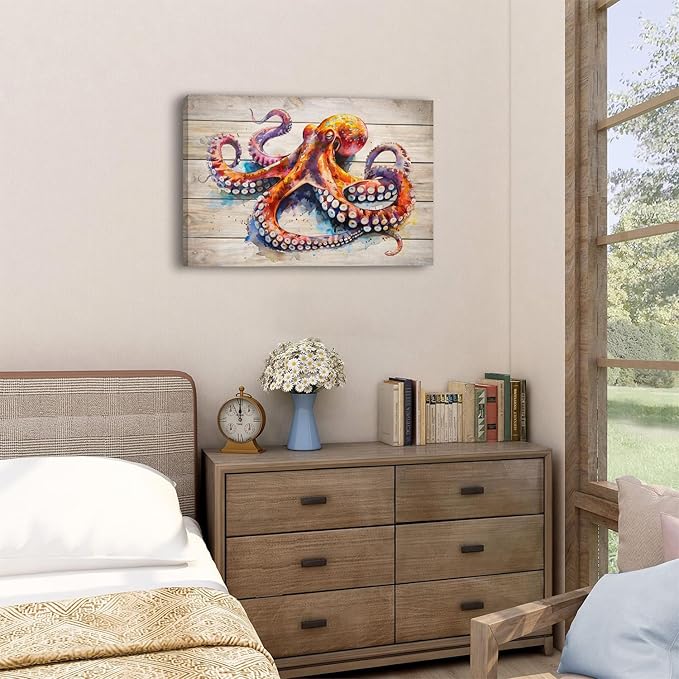 Watercolor Octopus Wall Art for Bathroom Canvas Marine Life Decor Sea Ocean Nautical Theme Picture Prints Underwater Animal Poster Sea Life Painting Artwork Living Room Office Decoration 16x24"