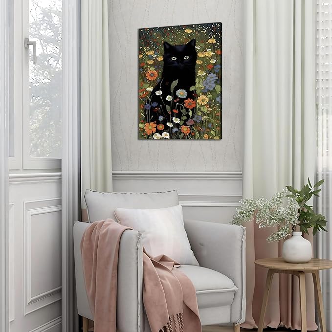 Framed Cat Canvas Wall Art, Funny Black Cat Picture Wall Decor, Animal In Garden Flowers Prints Poster for Bathroom Bedroom Living Room Gallery Decor 16x24 inch