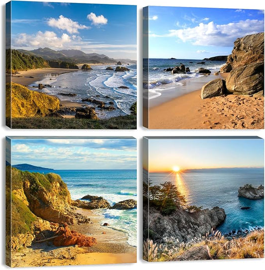 Oregon Coast Scenery Canvas Wall Art Coastal Beach Pictures for Living Room Sunset Ocean Landscape Paintings Prints Bathroom Decor Nature Seascape Artwork Bedroom Office Home Decorations 12x12" 4 Pcs