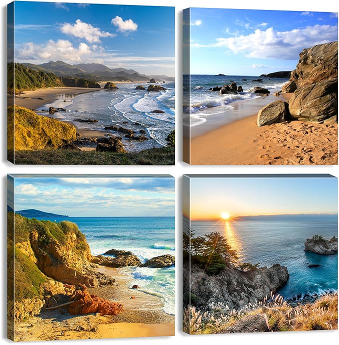 Oregon Coast Beach Wall Art Ocean Landscape Canvas Pictures Prints Coastal Wall Decor for Bathroom Living Room Kitchen Modern Home Decorations Nature Scenery Paintings Nautical Artwork 20x20” 4 Pcs