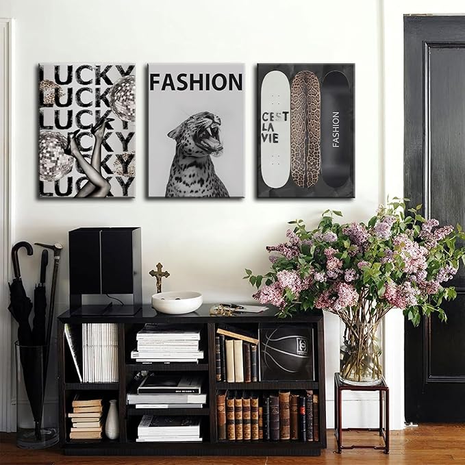 Trendy Leopard Canvas Wall Art Fashion Cheetah Lucky Skateboard Wall Decor Pictures Funky Vintage Preppy Luxury Aesthetic Posters Prints for Girly Bedroom Apartment Dorm Decoration 12x16in