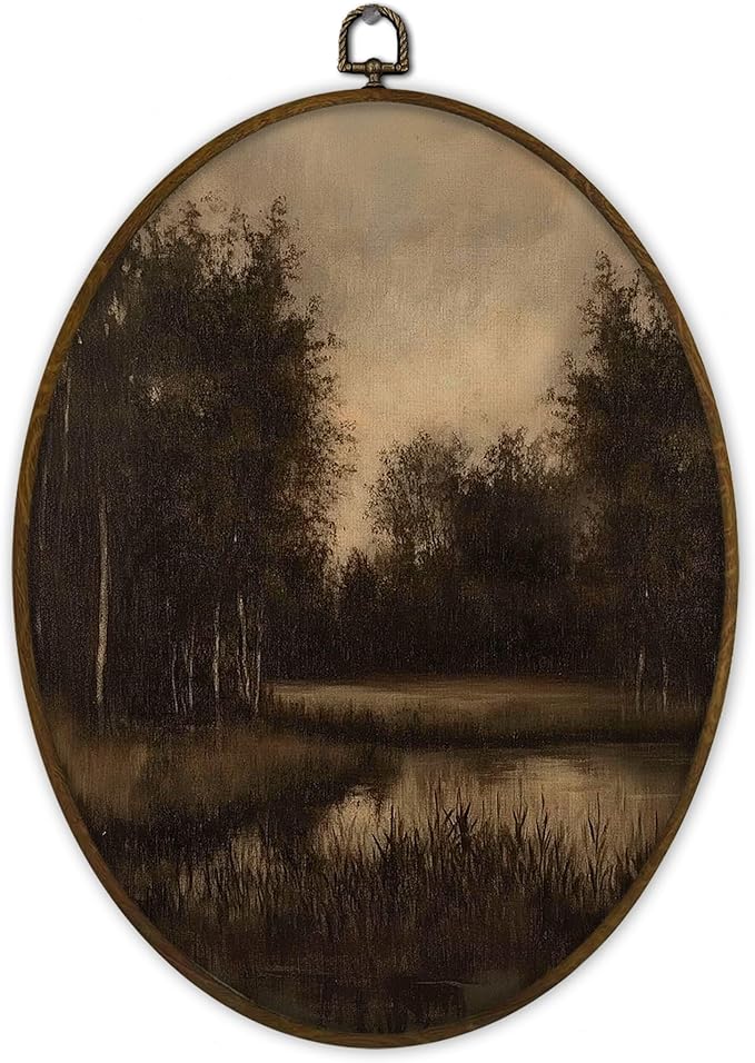 Gnmduw Vintage Moody Landscape Oval Wall Art Framed, Rustic Farmhouse Scene Canvas Prints Hanging Decorations, Antique Dark Scenery Wall Decor for Bedroom Living Room Bathroom, 8.7x11.3 Inch
