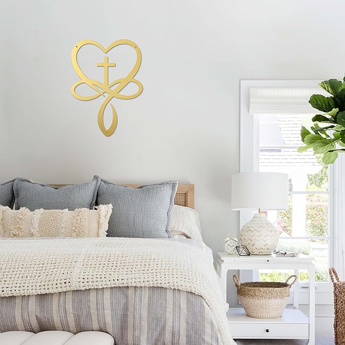 Natrlart Metal Infinity Heart Cross Wall Decor, Unique Cross Decorative Wall Art, Heart And Love Sign Wall Plaques, Love Gift For Adult Home Wedding, Decor Room Bedroom Living Room Decoration（Gold