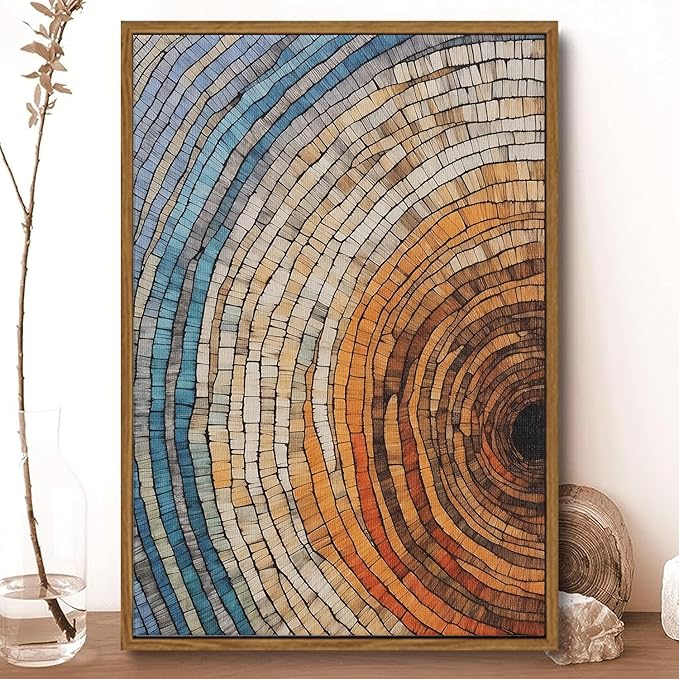 IBHJSART Framed Tree Ring Canvas Wall Art Vintage Colorful Wood Stump Painting Prints Modern Minimalist Pictures Neutral Nature Rustic Farmhouse Decor Living Room Bedroom Bathroom Office